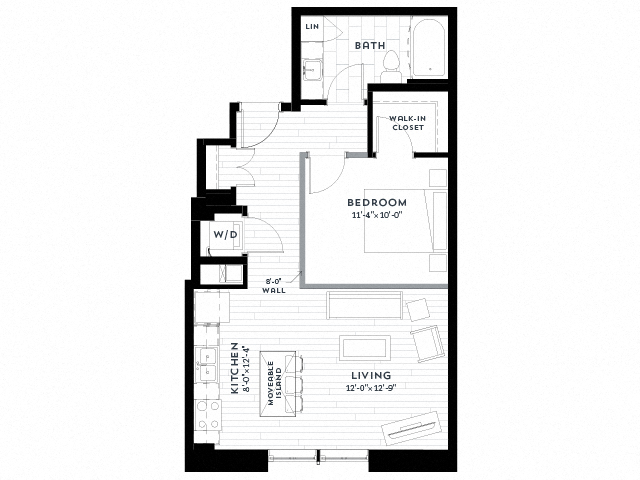 Floor plan for 1 bed, 1 bath, 672 sqft